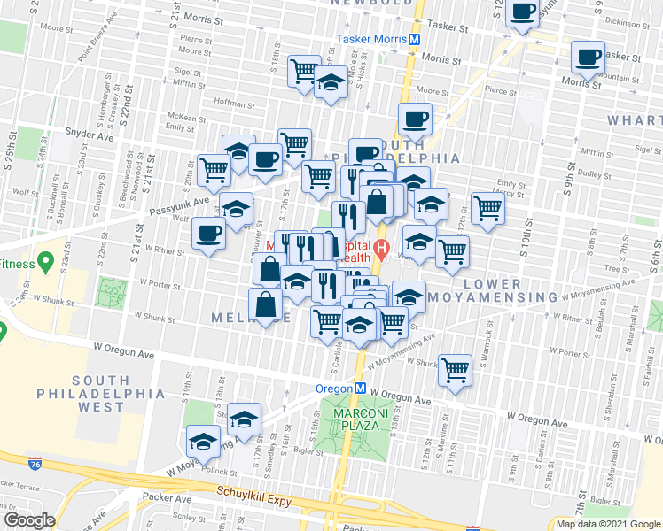 map of restaurants, bars, coffee shops, grocery stores, and more near 2333 South Hicks Street in Philadelphia