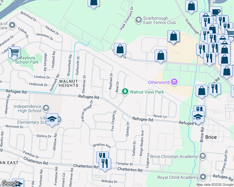 map of restaurants, bars, coffee shops, grocery stores, and more near Beal Dr & Monitor Dr in Columbus