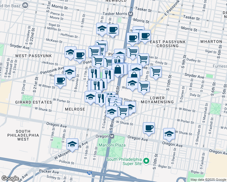 map of restaurants, bars, coffee shops, grocery stores, and more near 2323 South Rosewood Street in Philadelphia