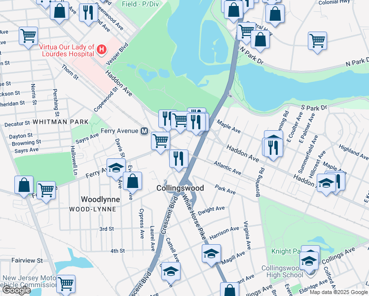 map of restaurants, bars, coffee shops, grocery stores, and more near 51 Bellevue Terrace in Collingswood