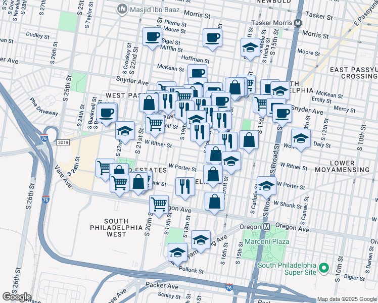 map of restaurants, bars, coffee shops, grocery stores, and more near 1826 West Ritner Street in Philadelphia