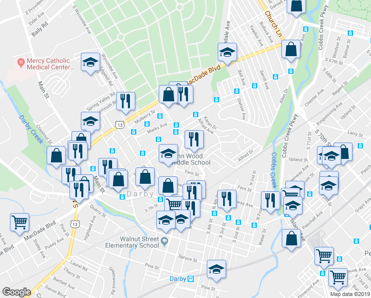 map of restaurants, bars, coffee shops, grocery stores, and more near 624 Cedar Avenue in Darby