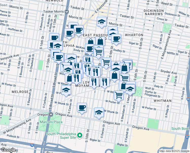 map of restaurants, bars, coffee shops, grocery stores, and more near 1012 Daly St in Philadelphia