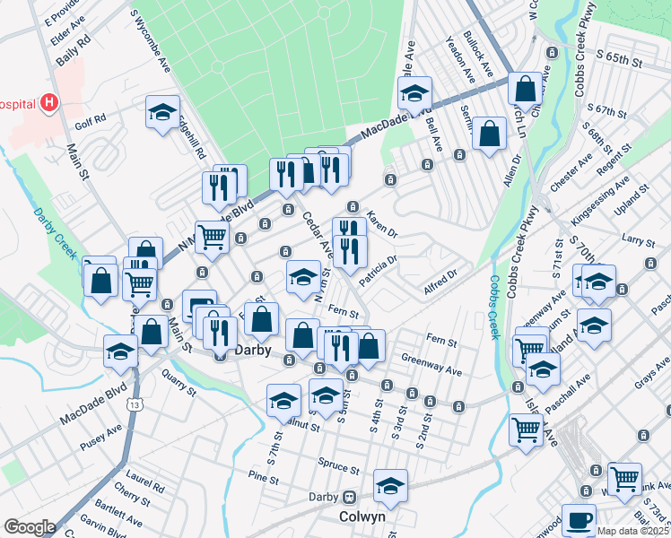 map of restaurants, bars, coffee shops, grocery stores, and more near 624 Cedar Avenue in Darby