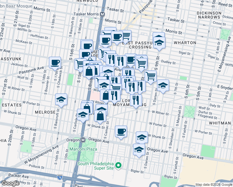 map of restaurants, bars, coffee shops, grocery stores, and more near S 12th St & Wolf St in Philadelphia