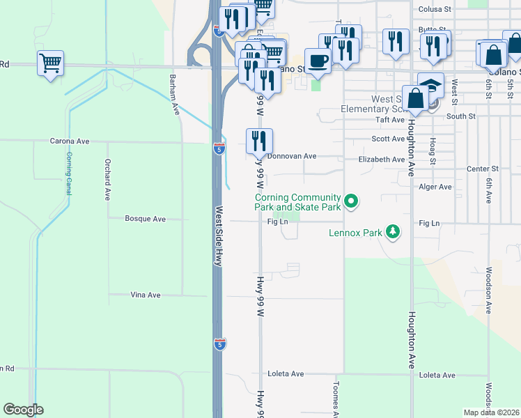 map of restaurants, bars, coffee shops, grocery stores, and more near 1560 Highway 99 West in Corning