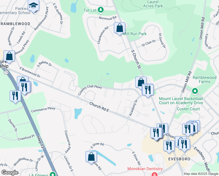 map of restaurants, bars, coffee shops, grocery stores, and more near 540 Country Club Parkway in Mount Laurel Township