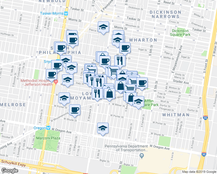 map of restaurants, bars, coffee shops, grocery stores, and more near 917 Daly Street in Philadelphia