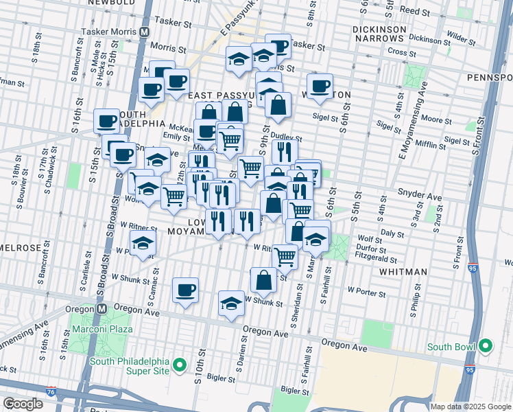 map of restaurants, bars, coffee shops, grocery stores, and more near 2225 South 9th Street in Philadelphia