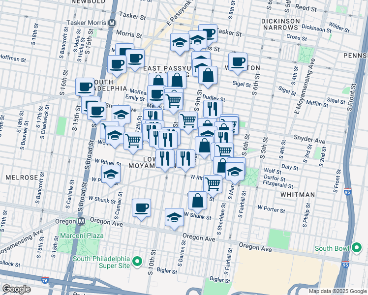 map of restaurants, bars, coffee shops, grocery stores, and more near 917 Daly Street in Philadelphia