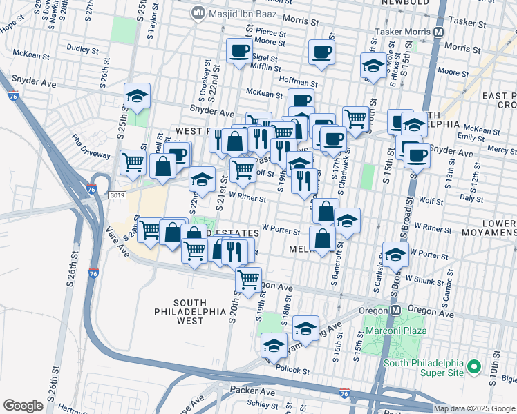 map of restaurants, bars, coffee shops, grocery stores, and more near 2414 S Opal St in Philadelphia