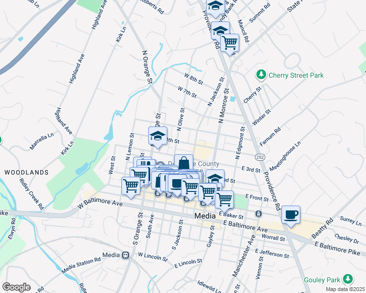 map of restaurants, bars, coffee shops, grocery stores, and more near 24 West 4th Street in Media
