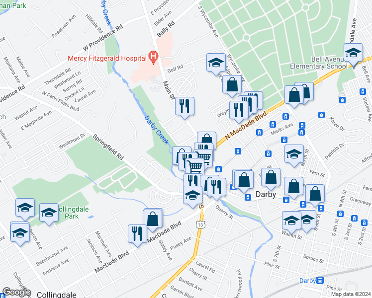 map of restaurants, bars, coffee shops, grocery stores, and more near 1132 Chestnut Street in Darby