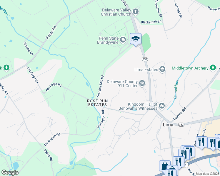 map of restaurants, bars, coffee shops, grocery stores, and more near 130 Yearsley Mill Road in Media