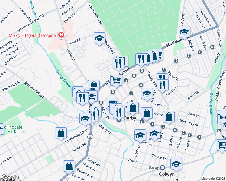 map of restaurants, bars, coffee shops, grocery stores, and more near 105 North 10th Street in Darby