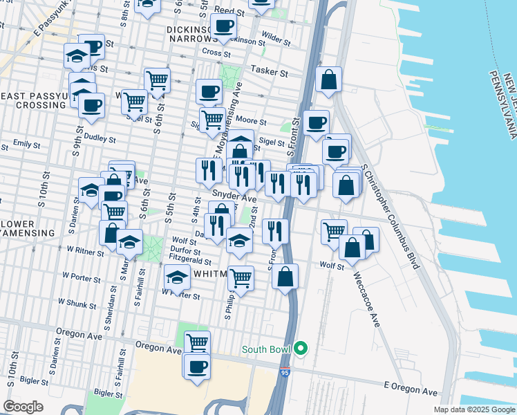 map of restaurants, bars, coffee shops, grocery stores, and more near 2111 South 2nd Street in Philadelphia