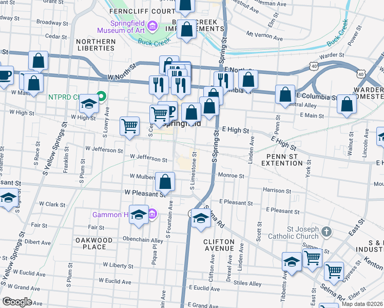 map of restaurants, bars, coffee shops, grocery stores, and more near 275 South Limestone Street in Springfield