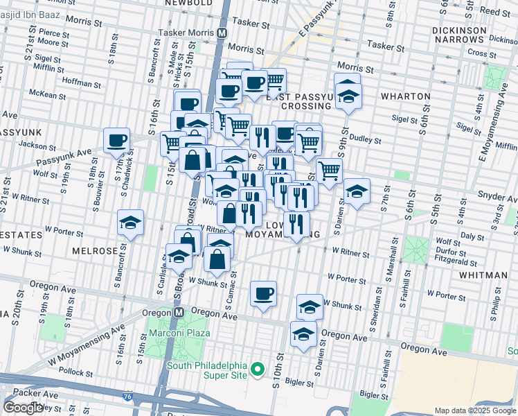 map of restaurants, bars, coffee shops, grocery stores, and more near 1141 Wolf Street in Philadelphia