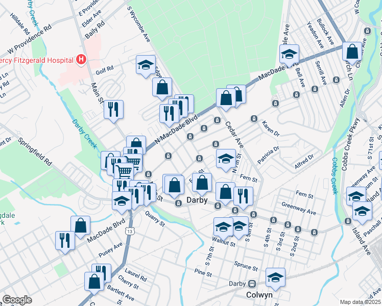 map of restaurants, bars, coffee shops, grocery stores, and more near 913 Maple Terrace in Darby