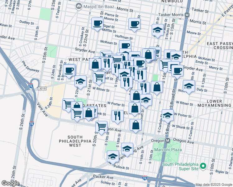 map of restaurants, bars, coffee shops, grocery stores, and more near 1844 West Ritner Street in Philadelphia