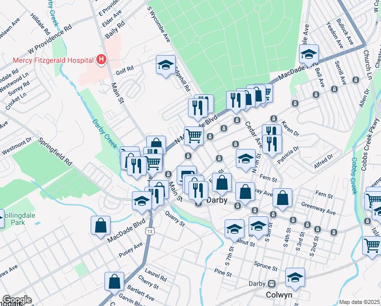 map of restaurants, bars, coffee shops, grocery stores, and more near 105 North 10th Street in Darby