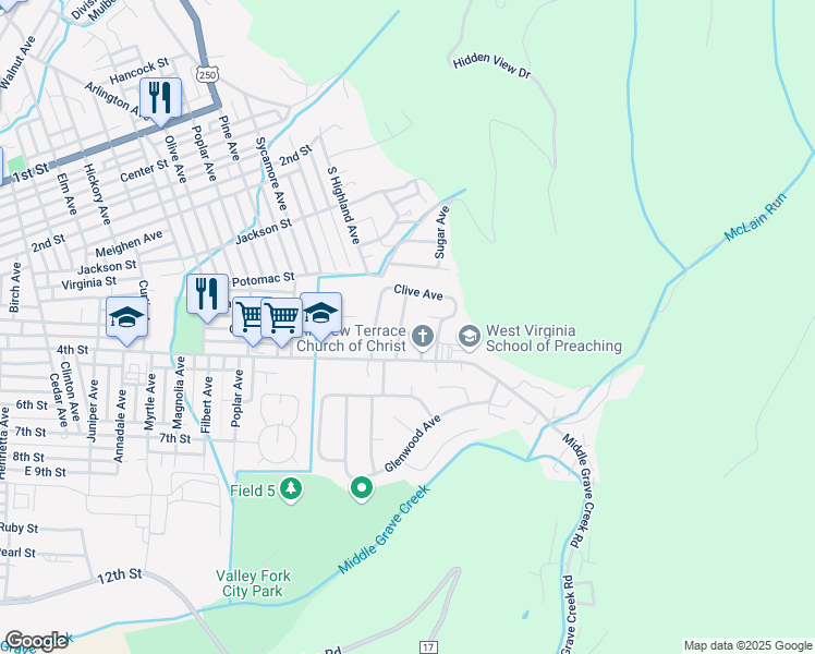 map of restaurants, bars, coffee shops, grocery stores, and more near 55 Dwight Avenue in Moundsville