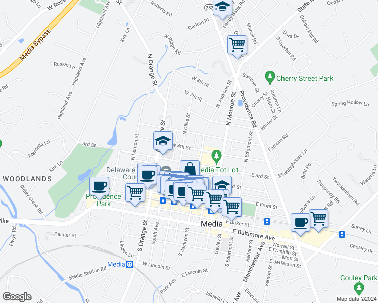 map of restaurants, bars, coffee shops, grocery stores, and more near 24 West 4th Street in Media