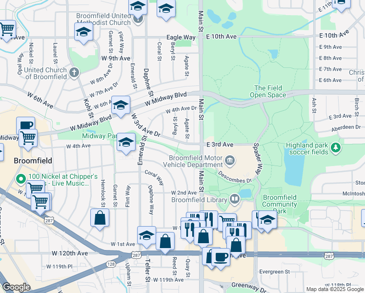 map of restaurants, bars, coffee shops, grocery stores, and more near 200 West 3rd Avenue Drive in Broomfield