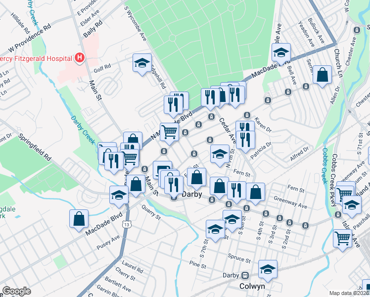 map of restaurants, bars, coffee shops, grocery stores, and more near 135 North 9th Street in Darby