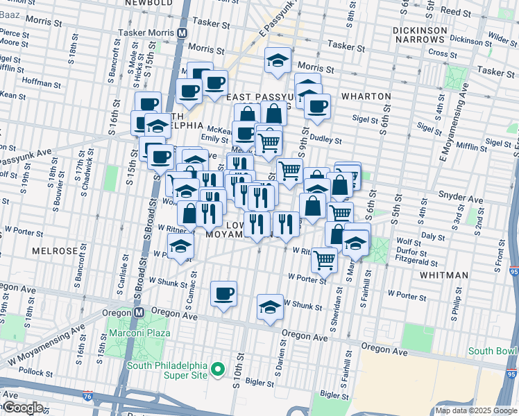 map of restaurants, bars, coffee shops, grocery stores, and more near 1012 Daly St in Philadelphia