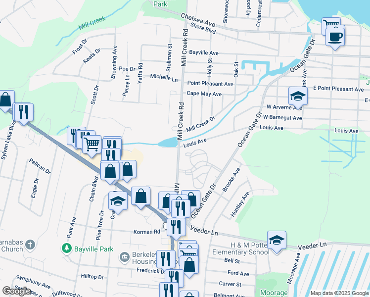 map of restaurants, bars, coffee shops, grocery stores, and more near 186 Mill Creek Road in Berkeley Township