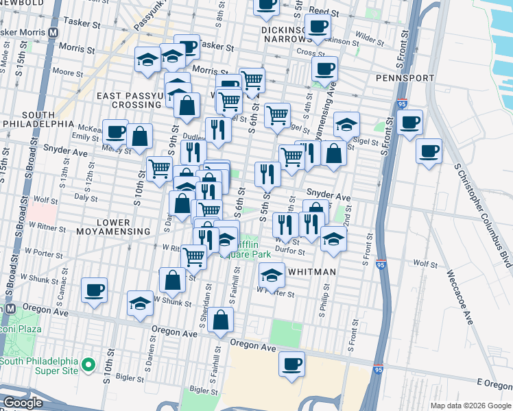 map of restaurants, bars, coffee shops, grocery stores, and more near in Philadelphia