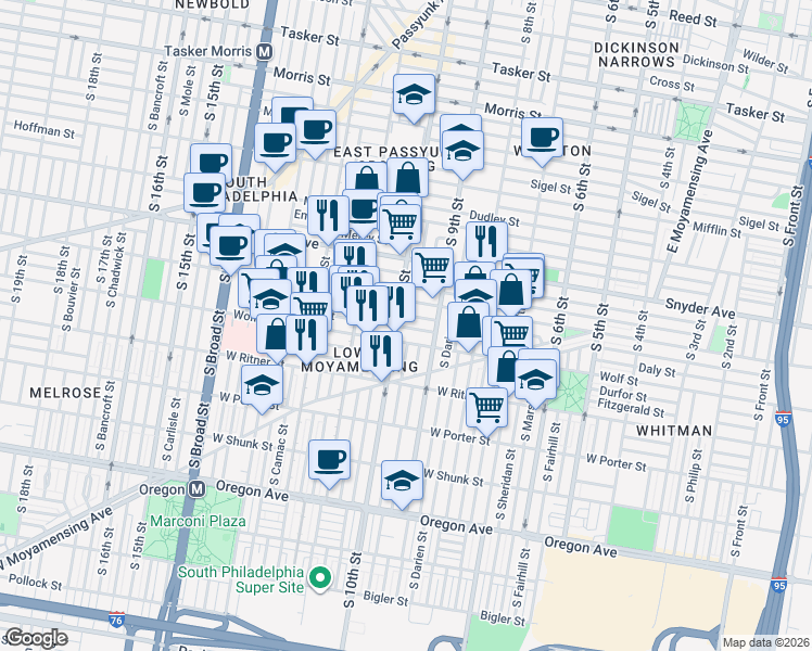 map of restaurants, bars, coffee shops, grocery stores, and more near in Philadelphia