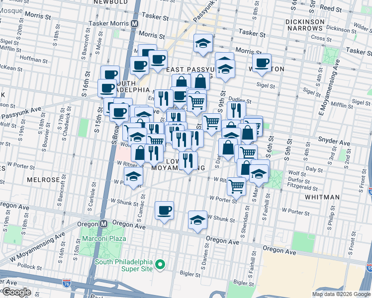 map of restaurants, bars, coffee shops, grocery stores, and more near in Philadelphia