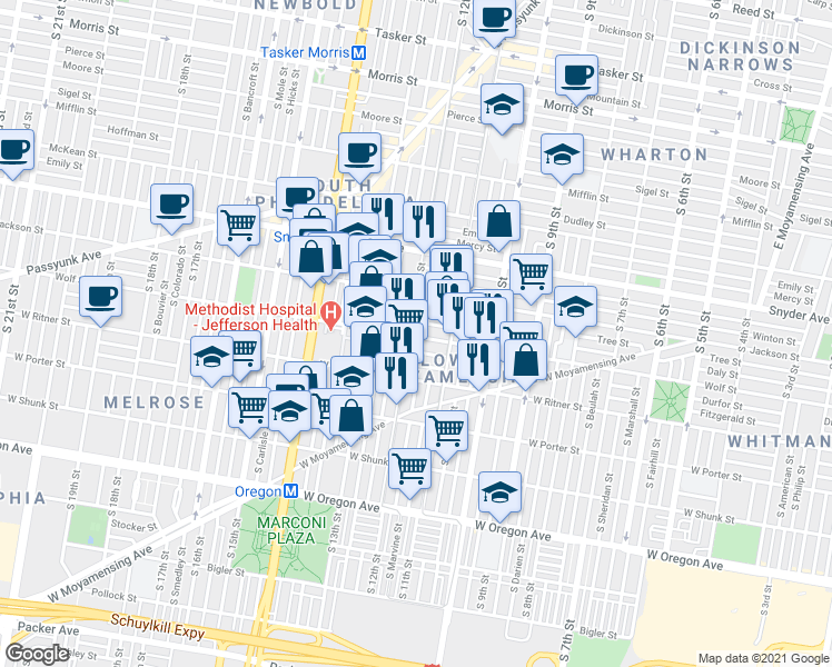 map of restaurants, bars, coffee shops, grocery stores, and more near 2313 South 12th Street in Philadelphia