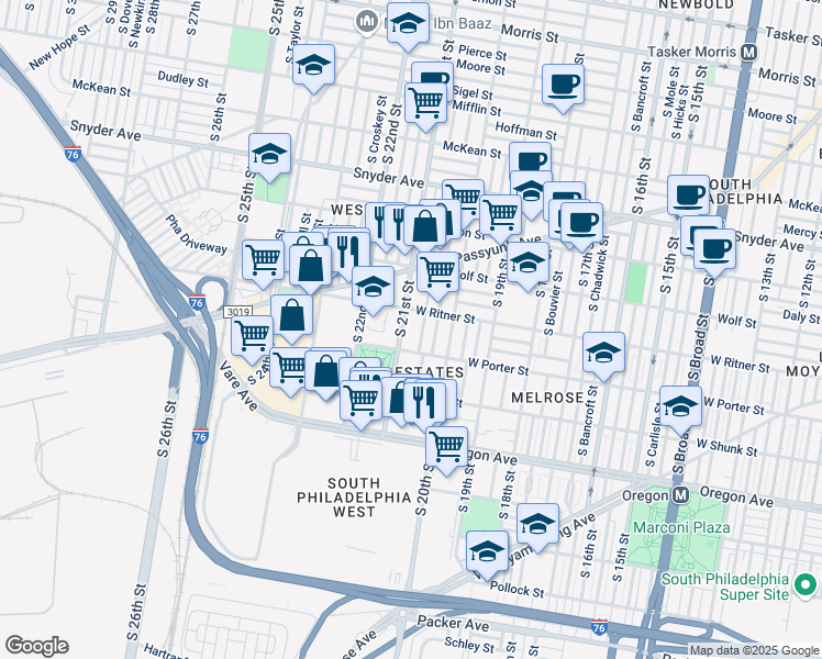 map of restaurants, bars, coffee shops, grocery stores, and more near 2448 South Lambert Street in Philadelphia