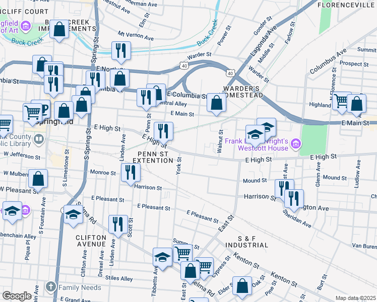 map of restaurants, bars, coffee shops, grocery stores, and more near 709 East High Street in Springfield