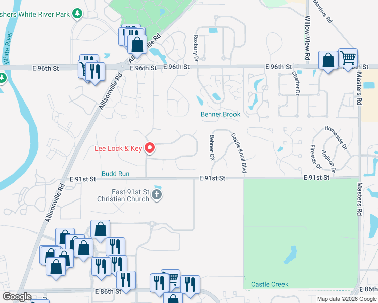 map of restaurants, bars, coffee shops, grocery stores, and more near 6115 Thrushwood Drive in Indianapolis