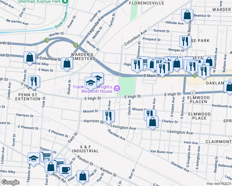 map of restaurants, bars, coffee shops, grocery stores, and more near 1340 East High Street in Springfield