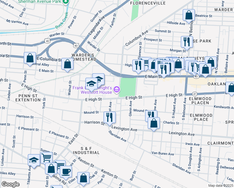 map of restaurants, bars, coffee shops, grocery stores, and more near 1340 East High Street in Springfield