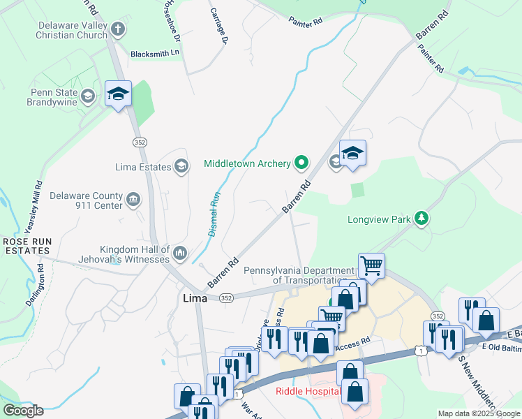map of restaurants, bars, coffee shops, grocery stores, and more near 5 Devon Lane in Media