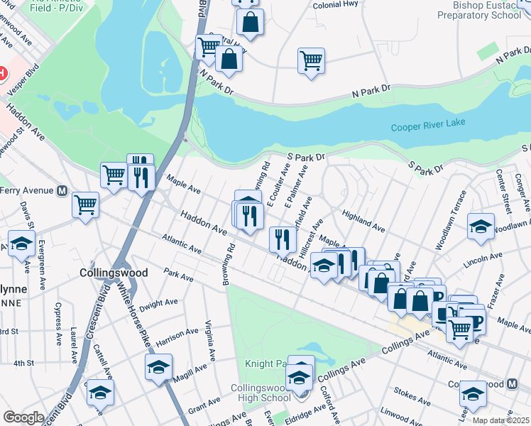 map of restaurants, bars, coffee shops, grocery stores, and more near Maple Avenue & East Coulter Avenue in Collingswood