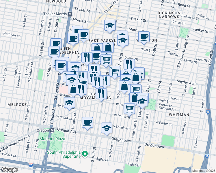 map of restaurants, bars, coffee shops, grocery stores, and more near in Philadelphia
