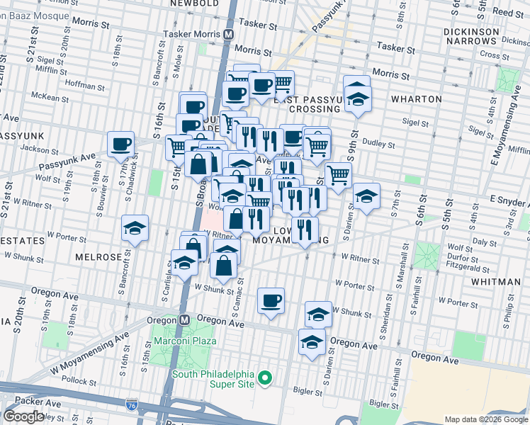 map of restaurants, bars, coffee shops, grocery stores, and more near 2313 South 12th Street in Philadelphia
