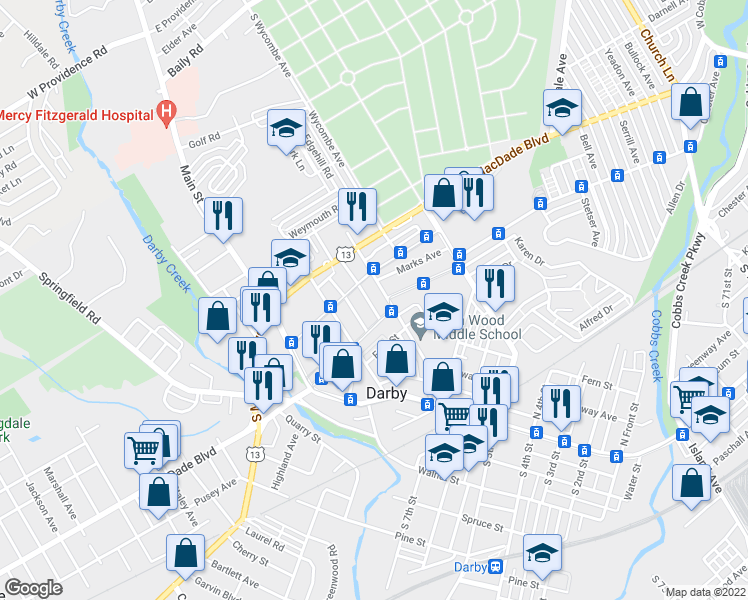 map of restaurants, bars, coffee shops, grocery stores, and more near 915 Maple Terrace in Darby