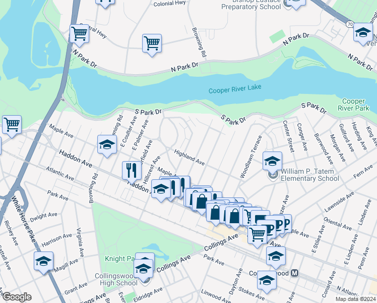 map of restaurants, bars, coffee shops, grocery stores, and more near 204 Garfield Avenue in Collingswood