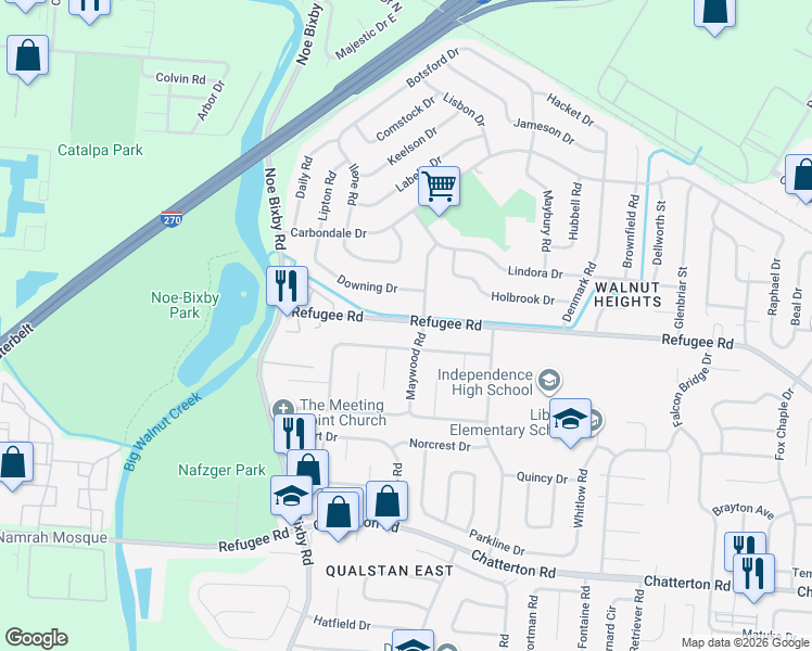 map of restaurants, bars, coffee shops, grocery stores, and more near 4925 Refugee Road in Columbus