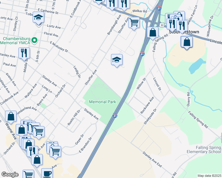 map of restaurants, bars, coffee shops, grocery stores, and more near 1070 East McKinley Street in Chambersburg
