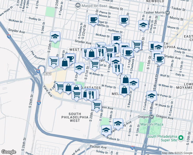 map of restaurants, bars, coffee shops, grocery stores, and more near 2412 South 20th Street in Philadelphia