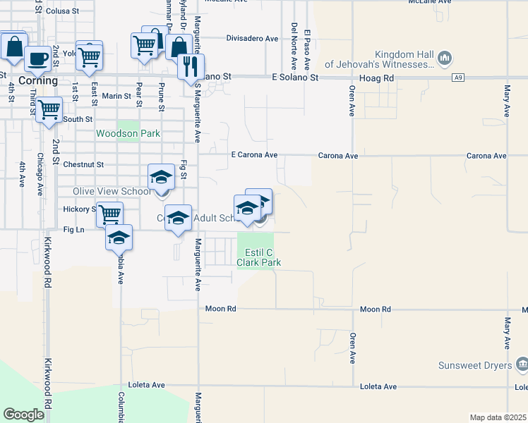 map of restaurants, bars, coffee shops, grocery stores, and more near 250 East Fig Lane in Corning